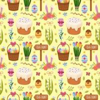 Seamless Easter pattern with different cartoon elements on yellow background. Easter symbols, animals, Easter, Easter eggs, willow, bunny and others. vector