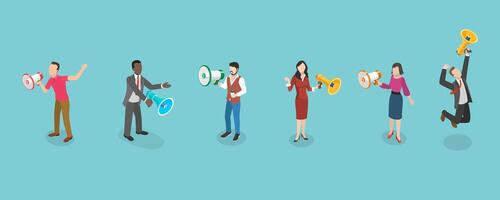 3D Isometric Flat Conceptual Illustration of Set of People With Loudspeaker vector