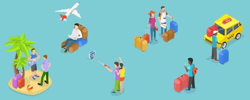 3D Isometric Flat Conceptual Illustration of Set of Scenes with Traveling People vector
