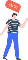 Full length illustration of a young man gesturing a thumbs up with a speech bubble saying salut, expressing approval and greeting in French vector