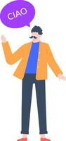 Young Italian man with a mustache waving cheerfully and saying hello, accompanied by a speech bubble displaying ciao, illustrated in full body on a clean white background vector