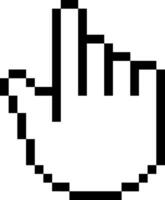 Black pixelated hand cursor is pointing with index finger on a white background, representing a simple action of selecting or choosing something in a digital environment vector