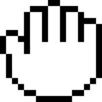 Black and white pixelated hand cursor is pointing and clicking, isolated on white background, representing simple digital interaction and selection vector