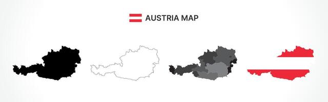 Detailed Austria Map Collection with Outline, Silhouette, States and Districts, and Flag Overlay Variations vector