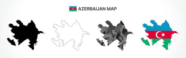 Detailed Azerbaijan Map Collection with Outline, Silhouette, Administrative Divisions, and Flag Overlay Variations vector