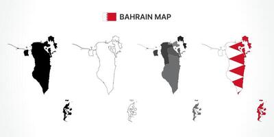 Detailed Bahrain Map Collection with Outline, Silhouette, Governorates, and Flag Overlay Variations vector