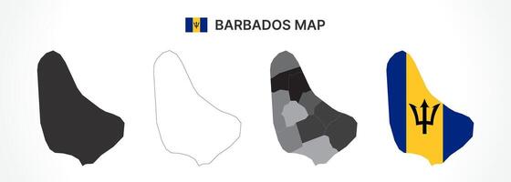 Detailed Barbados Map Collection with Outline, Silhouette, Parishes, and Flag Overlay Variations vector