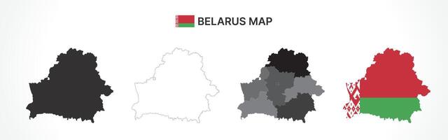 Detailed Belarus Map Collection with Outline, Silhouette, Administrative Divisions, and Flag Overlay Variations vector