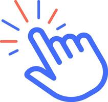 Blue hand cursor clicking a digital screen with red action lines expanding from the point of contact, symbolizing interaction, selection, and activation in a virtual environment vector