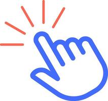 Cartoon hand cursor clicking with index finger making bright light effect, simple outline illustration isolated over white background vector