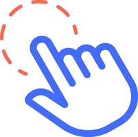 Blue hand cursor is clicking with index finger on a white background with a dotted red circle, representing digital interaction, online activity, and modern communication vector