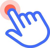 Cartoon hand with index finger extended, touching and pressing a red button with a pink halo, representing a digital interaction or online selection vector
