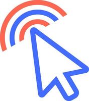 Blue and white mouse arrow cursor clicking and creating red and blue radial waves, representing wireless connection, internet or wifi signal vector
