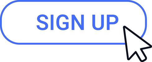 Mouse cursor clicking a blue sign up button on a white background, symbolizing online registration, new account creation, and subscription to services vector