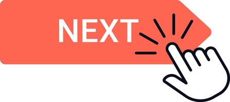 Illustration of a hand icon clicking on a bright orange arrow labeled Next, symbolizing progression, navigation, and digital interaction in user interfaces vector