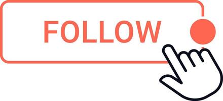 Illustration of a hand icon clicking a follow button, symbolizing social media engagement and online interaction. The button features a red circle, emphasizing user action vector
