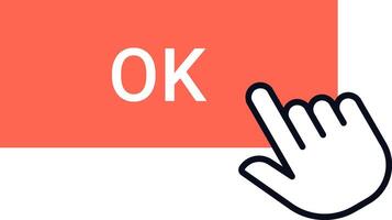 Cartoon hand cursor clicking an ok button on a vibrant red rectangle, symbolizing agreement, acceptance, and confirmation within digital interfaces and online interactions vector