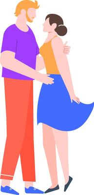 Colorful illustration depicting a romantic couple embracing. The man and woman are shown in a stylized, modern art style, conveying love and affection in a minimalist design