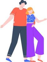 Young man and woman are standing together with arms around each other, gesturing with open hands and smiling, suggesting a welcoming or inviting attitude vector