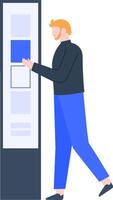 Interactive kiosk with touchscreen interface being used by a man selecting an option, concept of digital interaction, self service technology, modern user experience vector