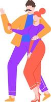 Young couple enjoying a moment together, taking a cheerful selfie with a smartphone while waving and smiling, man embracing woman in a colorful illustration on a white background vector