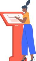 Young woman using a touchscreen kiosk for information access. The scene emphasizes modern technology and user interaction in a public or commercial setting vector