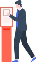 Business professional engaging with a digital kiosk, illustrating modern technology use in public spaces. The interaction highlights convenience and efficiency in accessing information vector