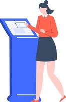 Businesswoman using interactive kiosk with large touchscreen interface selecting information or using self service payment terminal, illustration vector