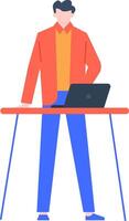 Modern office worker standing at a high desk with a laptop, showcasing efficiency and contemporary work practices in a vibrant, collaborative environment vector