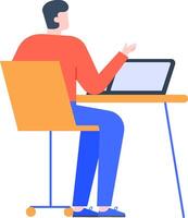 Illustration of a person sitting at a desk, engaging in remote work on a laptop. The setting emphasizes a modern workspace with a focus on technology and productivity vector