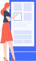 Businesswoman pointing her finger at large interactive touchscreen presenting data and statistics, concept of digital marketing and business management vector