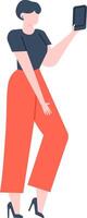 Modern flat illustration featuring a young woman standing and using a smartphone, holding the mobile device while engaging with social media on a clean white background vector