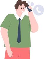 Office worker smiling while making a phone call, holding a smartphone near his ear. Featuring a speech bubble and a handset icon, emphasizing modern communication in a corporate setting vector