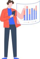 Businessman holding smartphone and analyzing holographic bar chart projection, representing innovative data analysis and futuristic business technology vector