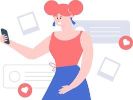 Influencer capturing content for an online community, taking photos and videos with a smartphone, sharing on social media, and engaging with followers through likes and comments vector