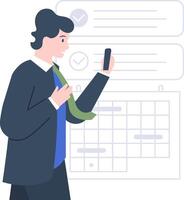 Businessman is using a smartphone, managing his schedule with a calendar and checklist, ensuring efficient time management and task completion vector