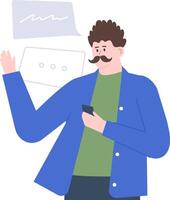 Young man holding a smartphone and gesturing with one hand, with message notification icons and speech bubbles suggesting communication and online chatting vector