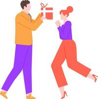 Man joyfully presenting a red gift box adorned with a white ribbon to a surprised woman, who is running with excitement. Colorful flat illustration set against a white background vector