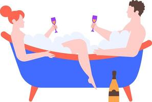 Romantic couple relaxing in a luxurious bathtub filled with foam, toasting with sparkling wine, and savoring a delightful moment of wellness and togetherness at home vector