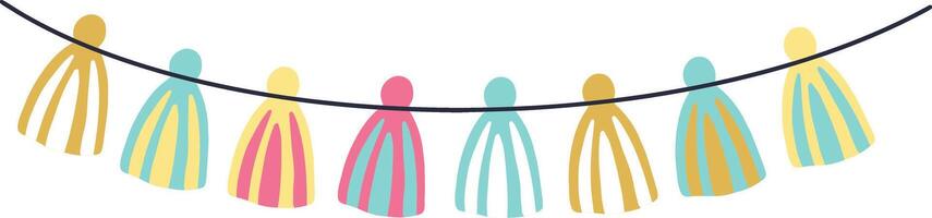 Colorful tassels hanging from a string create a vibrant garland, adding a festive touch to party decorations, celebrations, and joyful occasions, enhancing the atmosphere of any event vector