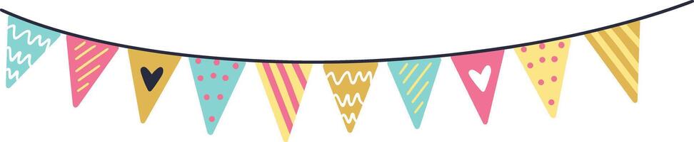 Pastel triangular flags featuring hearts, stripes, waves, and dots hanging from a string create a cheerful, celebratory atmosphere for parties and festive events vector