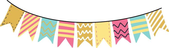 Colorful triangular flags hanging on a black rope, creating a vibrant and cheerful atmosphere perfect for celebrations, parties, or festive occasions filled with joy and fun vector
