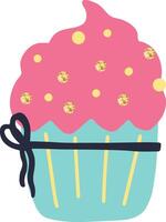 Light blue cupcake topped with pink icing, adorned with yellow and golden sprinkles, and featuring a dark ribbon, isolated on a white background vector