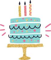 Turquoise birthday cake featuring three lit candles, resting on a golden stand, boasts delightful pink and gold sprinkles along with wavy frosting, perfect for celebrations vector