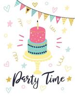 Colorful birthday cake with a lit candle sitting on a cake stand, surrounded by festive decorations and the words Party Time, creating a cheerful and celebratory atmosphere vector