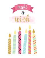 Colorful birthday candles glowing brightly, surrounded by a pink ribbon banner displaying the words Make a Wish, creating a joyful atmosphere for a festive celebration vector