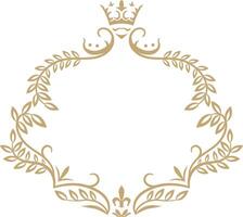 Golden frame adorned with a crown, leaves, and fleur de lis, offering an elegant and royal decoration ideal for enhancing various design projects and invitations vector