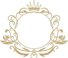 Elegant gold floral round frame with crown and ribbons is decorating something, with a white background providing ample space for customization vector