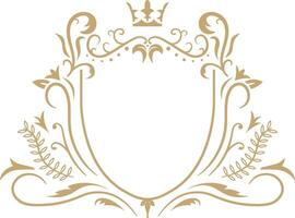 Featuring an elegant golden floral heraldic crest adorned with a crown, framing an empty space and creating a sophisticated, regal design perfect for vintage invitations or branding vector