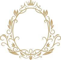 This elegant gold floral oval frame features a crown embellishment, creating a regal and sophisticated design perfect for invitations, logos, or any project needing a touch of royal elegance vector